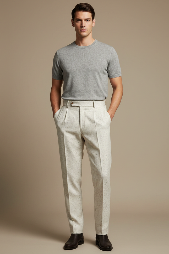 Pantalon À Pince Crème Plissé Laine Tweed Droit Homme - Beige