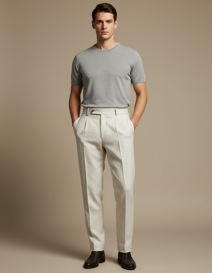 Pantalon À Pince Crème Plissé Laine Tweed Droit Homme - Beige