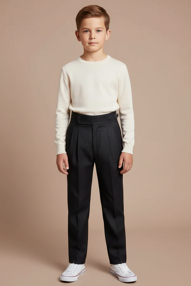 Pantalon À Pince Noir Plissé Droit Élégant Garçon - Gabardine