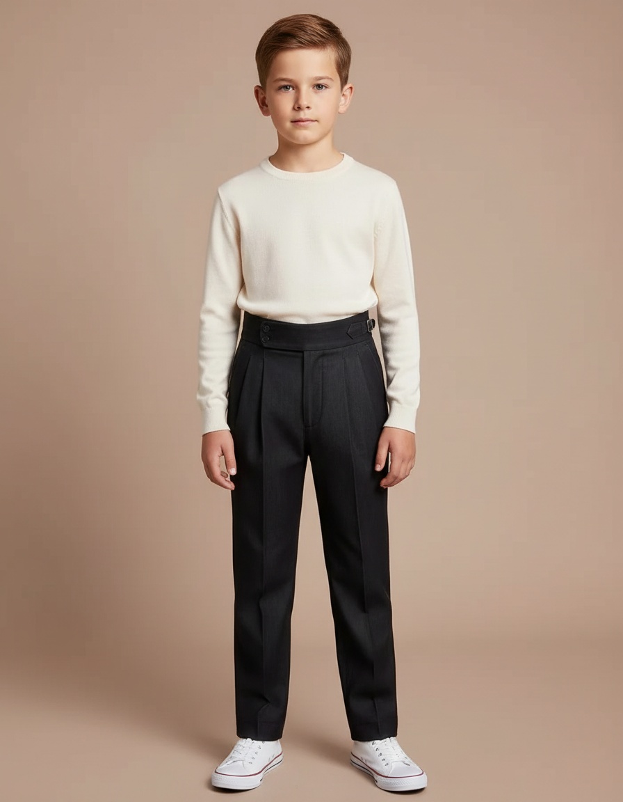 Pantalon À Pince Noir Plissé Droit Élégant Garçon - Gabardine