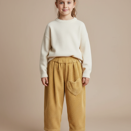 Pantalon À Pince Velours Côtelé Jaune Cœur Fille Décontracté - Cordé