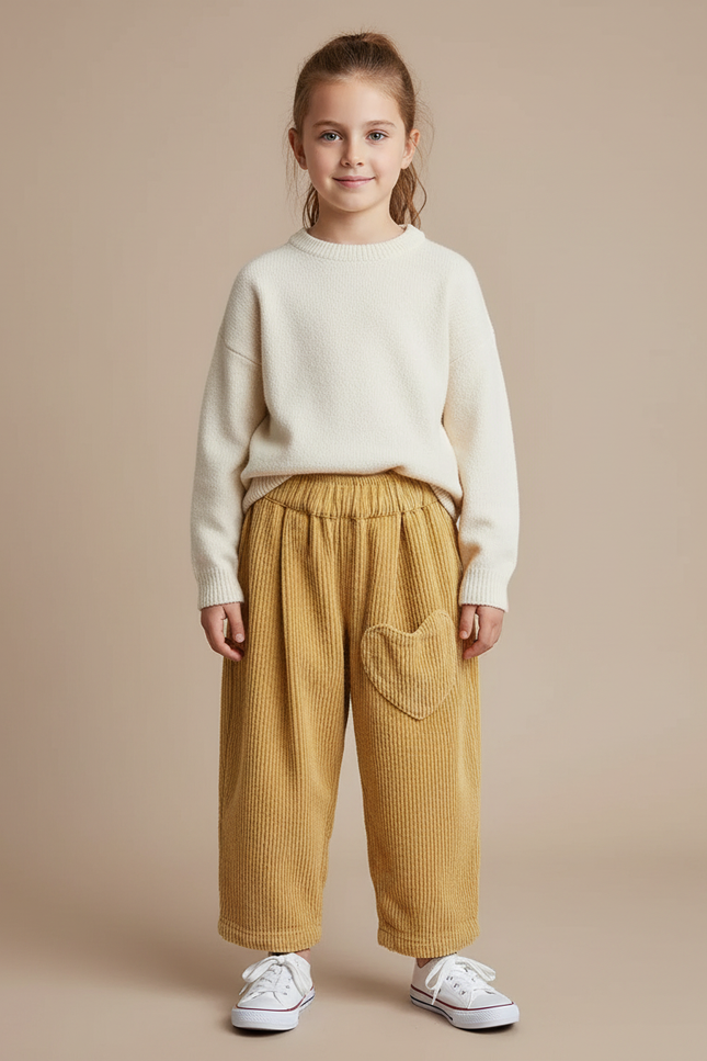 Pantalon À Pince Velours Côtelé Jaune Cœur Fille Décontracté - Cordé