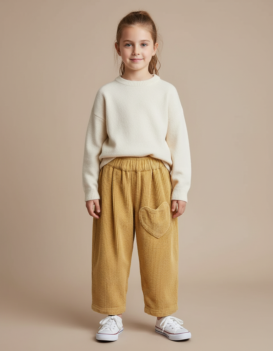 Pantalon À Pince Velours Côtelé Jaune Cœur Fille Décontracté - Cordé