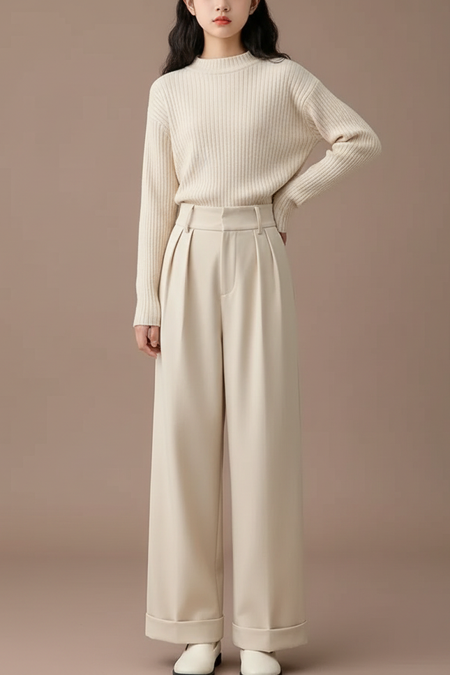 Pantalon À Pince Crème Ample Plissé Décontracté Élégant - Beige Polyester