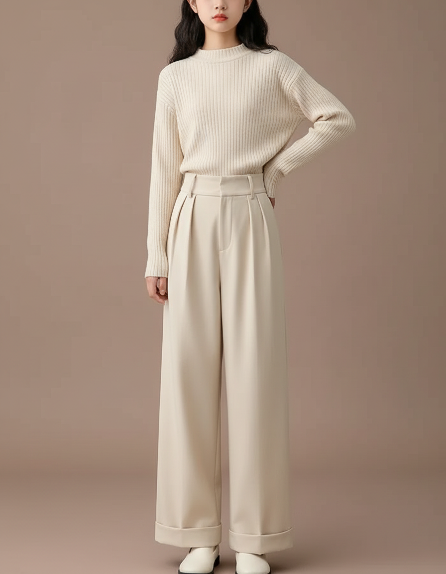 Pantalon À Pince Crème Ample Plissé Décontracté Élégant - Beige Polyester