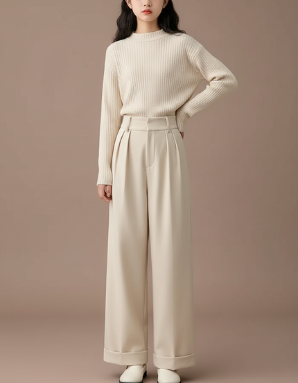 Pantalon À Pince Crème Ample Plissé Décontracté Élégant - Beige Polyester