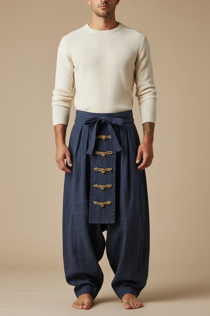 Pantalon À Pince Bleu Marine Ample Lin Décontracté Homme