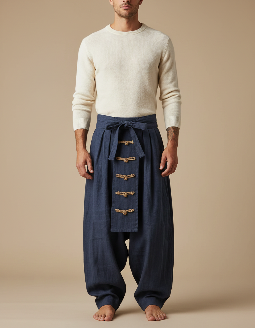 Pantalon À Pince Bleu Marine Ample Lin Décontracté Homme