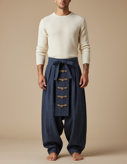 Pantalon À Pince Bleu Marine Ample Lin Décontracté Homme