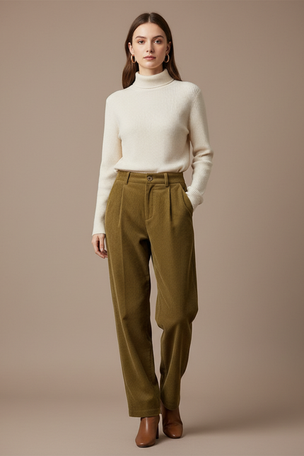 Pantalon À Pince Côtelé Marron Décontracté Ample Vintage - Kaki Cordé