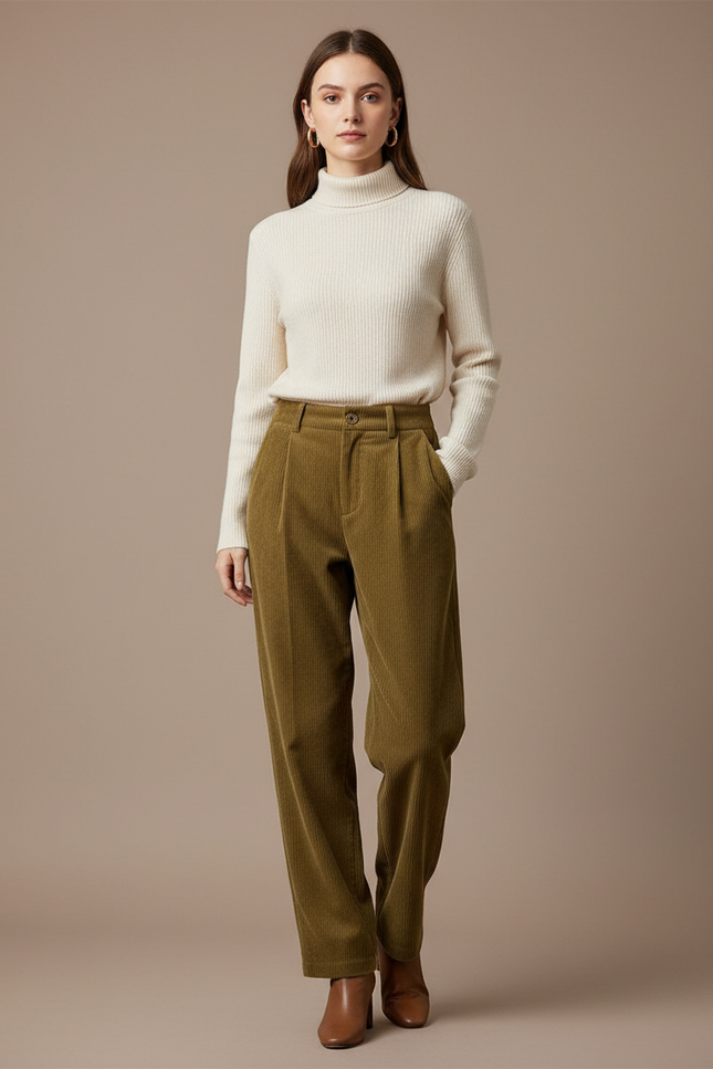 Pantalon À Pince Côtelé Marron Décontracté Ample Vintage - Kaki Cordé
