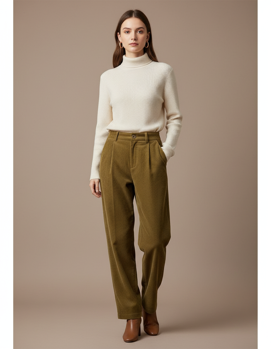 Pantalon À Pince Côtelé Marron Décontracté Ample Vintage - Kaki Cordé