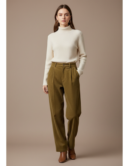 Pantalon À Pince Côtelé Marron Décontracté Ample Vintage - Kaki Cordé