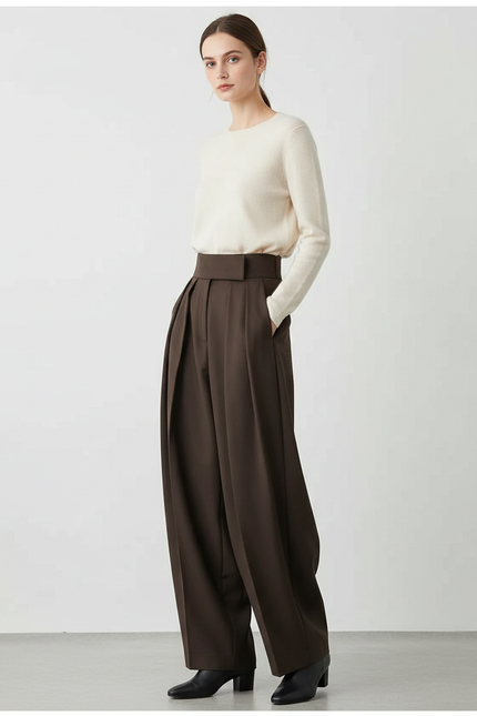 Pantalon À Pince Marron Ample Plissé Taille Haute - Gabardine