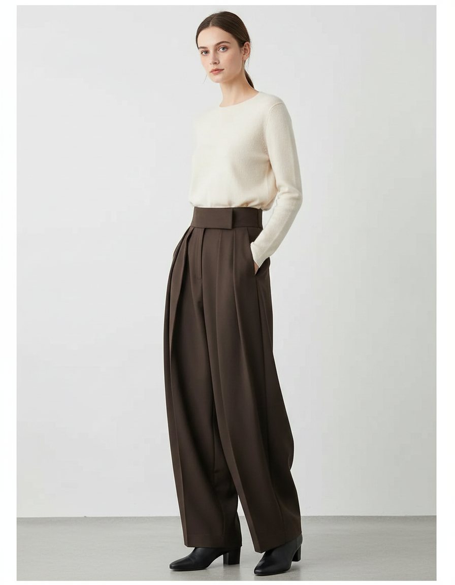 Pantalon À Pince Marron Ample Plissé Taille Haute - Gabardine
