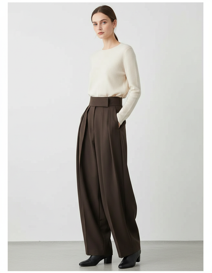 Pantalon À Pince Marron Ample Plissé Taille Haute - Gabardine