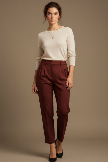 Pantalon À Pince Bordeaux Taille Haute Élégant Femme - Gabardine