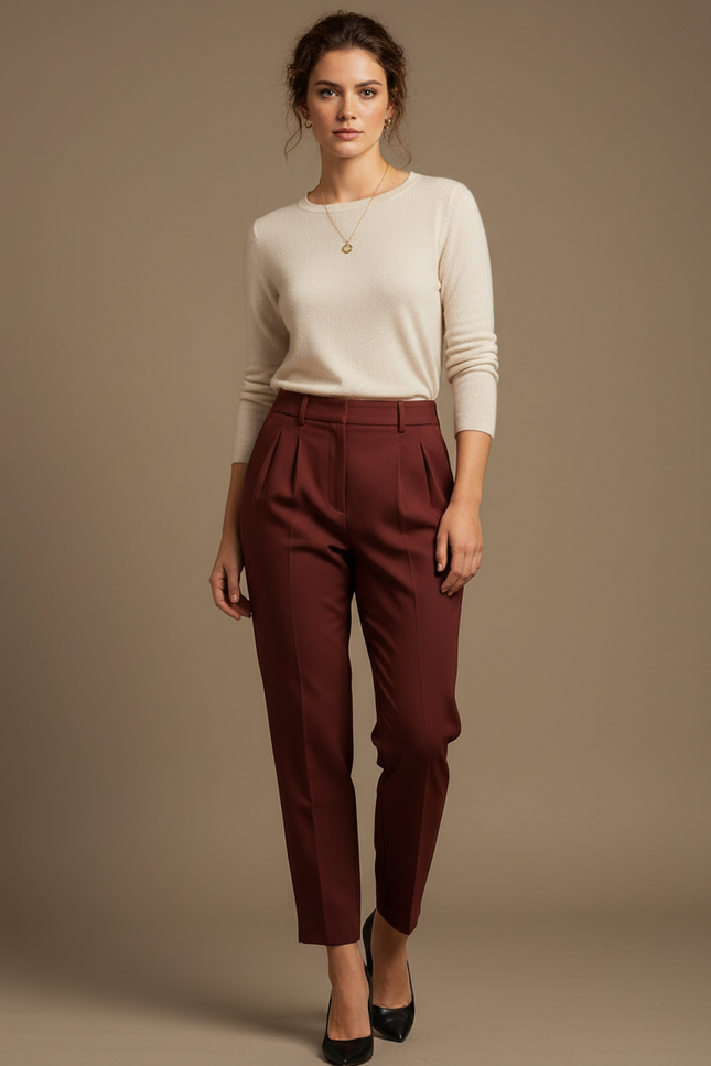 Pantalon À Pince Bordeaux Taille Haute Élégant Femme - Gabardine