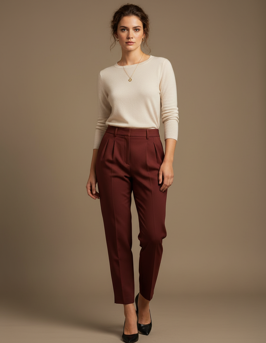 Pantalon À Pince Bordeaux Taille Haute Élégant Femme - Gabardine