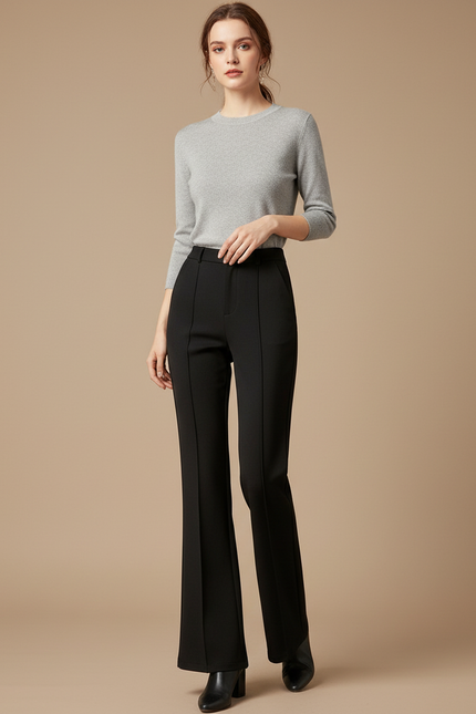 Pantalon À Pince Noir Évasé Taille Haute Élégant Femme - Polyester