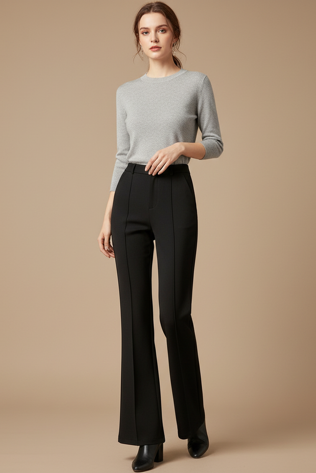 Pantalon À Pince Noir Évasé Taille Haute Élégant Femme - Polyester