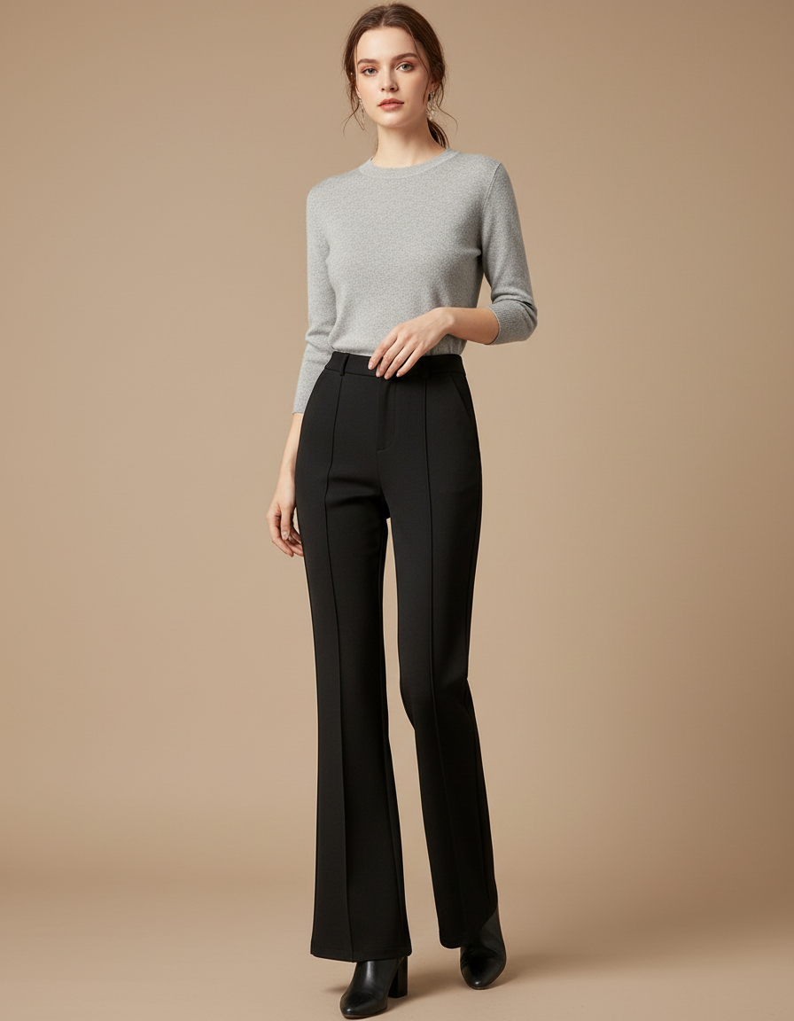 Pantalon À Pince Noir Évasé Taille Haute Élégant Femme - Polyester