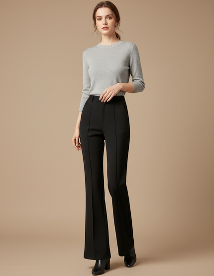 Pantalon À Pince Noir Évasé Taille Haute Élégant Femme - Polyester