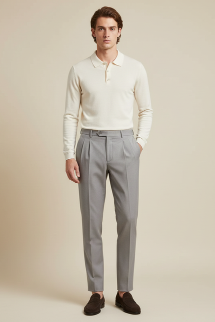 Pantalon À Pince Gris Plissé Coton Droit Élégant Homme - Laine