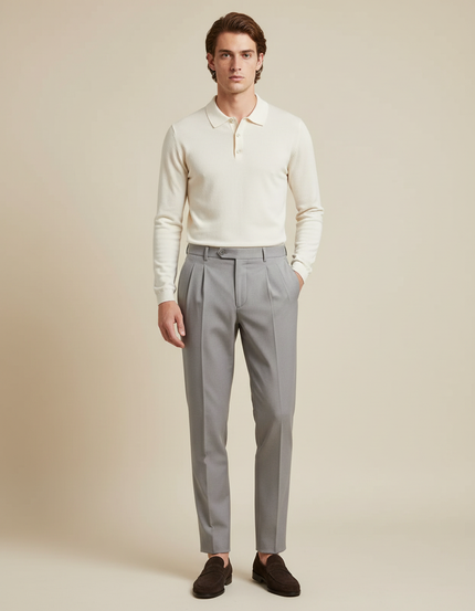 Pantalon À Pince Gris Plissé Coton Droit Élégant Homme - Laine