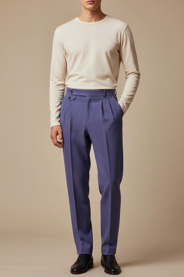 Pantalon À Pince Bleu Lavande Plissé Laine Droit Homme