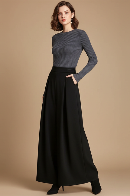 Pantalon À Pince Noir Ample Fluide Taille Haute Élégant - Polyester