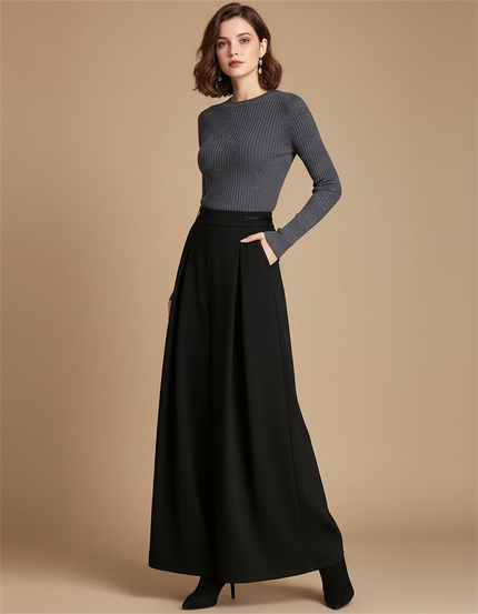 Pantalon À Pince Noir Ample Fluide Taille Haute Élégant - Polyester