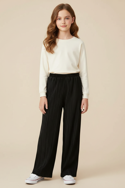 Pantalon À Pince Plissé Noir Ample Décontracté Enfant - Polyester