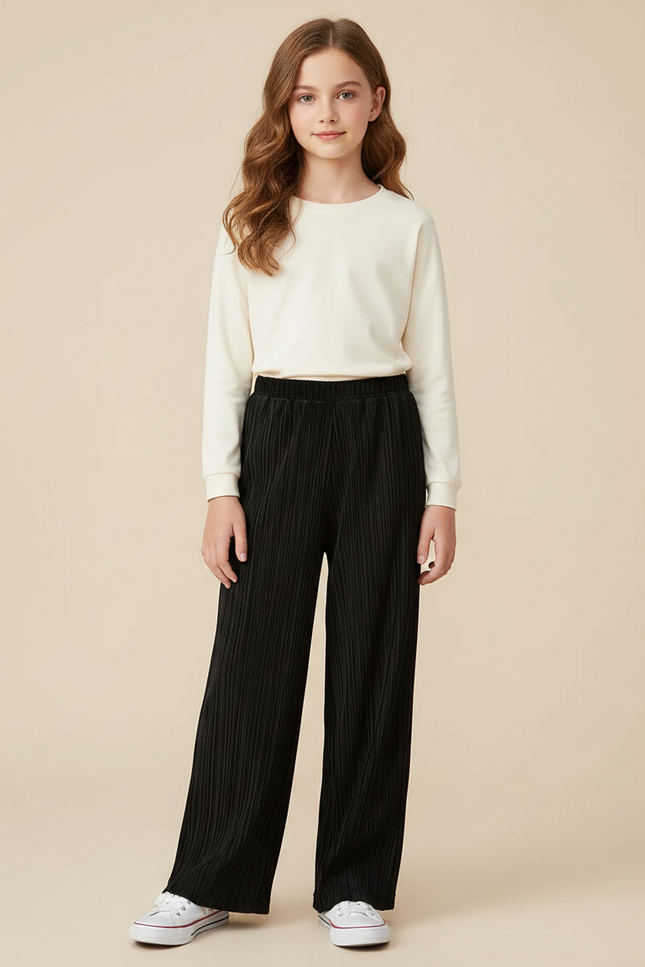 Pantalon À Pince Plissé Noir Ample Décontracté Enfant - Polyester