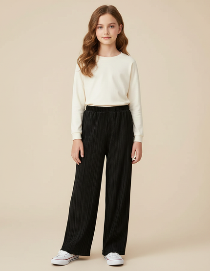 Pantalon À Pince Plissé Noir Ample Décontracté Enfant - Polyester