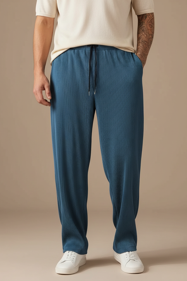 Pantalon À Pince Bleu Côtelé Plissé Ample Homme - Polyester