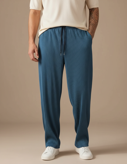 Pantalon À Pince Bleu Côtelé Plissé Ample Homme - Polyester