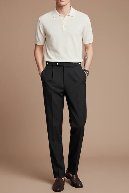 Pantalon À Pince Noir Plissé Élégant Classique Homme - Gabardine