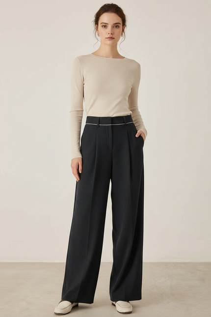 Pantalon À Pince Noir Plissé Ample Taille Haute - Polyester