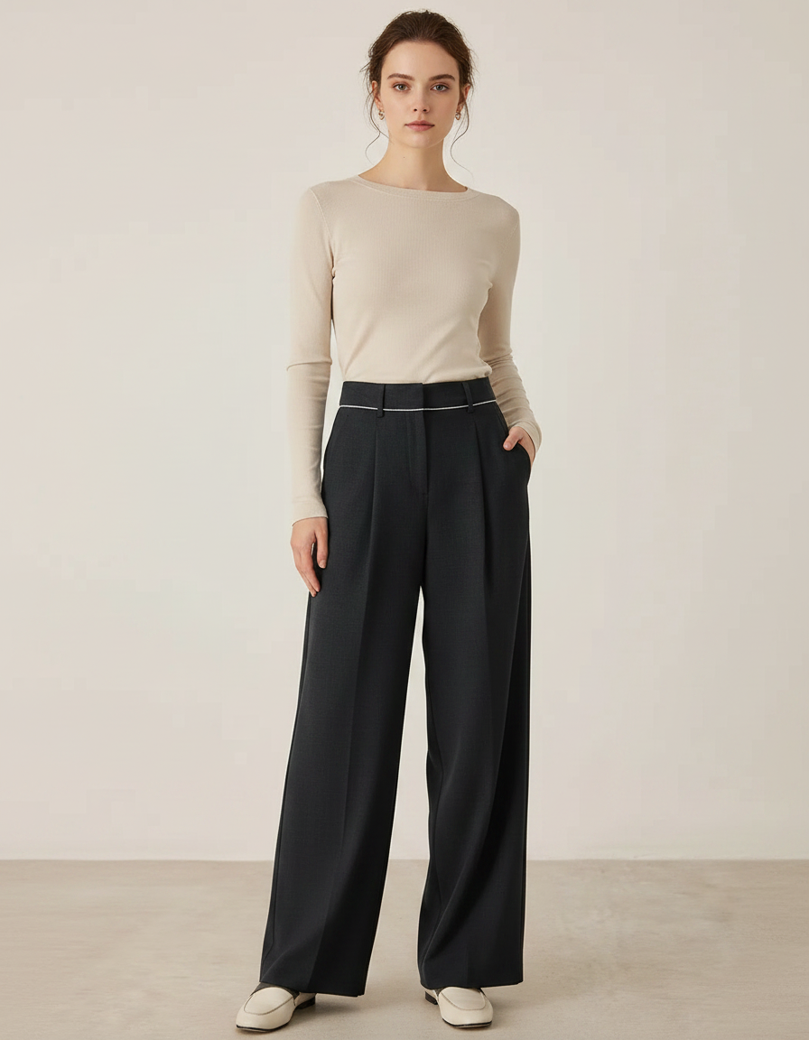 Pantalon À Pince Noir Plissé Ample Taille Haute - Polyester