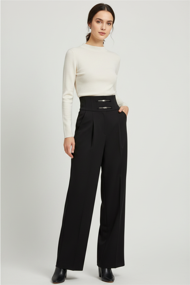 Pantalon À Pince Noir Taille Haute Large Chic - Gabardine