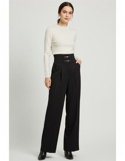 Pantalon À Pince Noir Taille Haute Large Chic - Gabardine