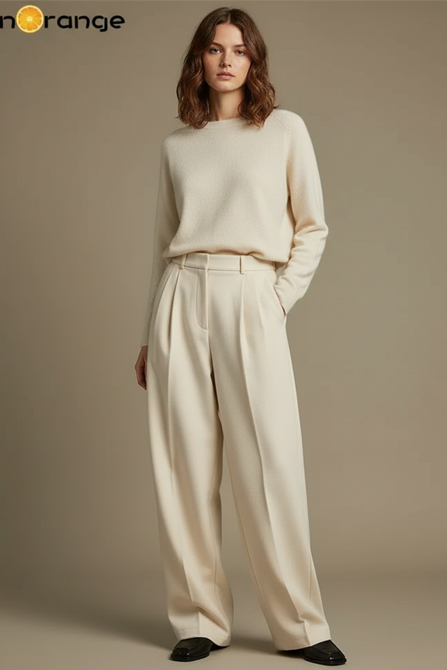 Pantalon À Pince Laine Ample Plissé Écru Élégant - Beige