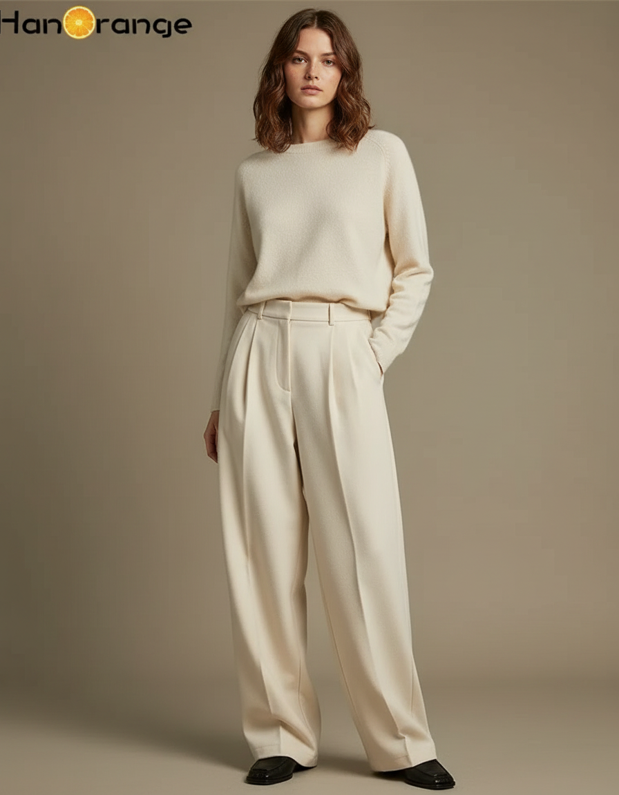 Pantalon À Pince Laine Ample Plissé Écru Élégant - Beige