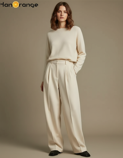 Pantalon À Pince Laine Ample Plissé Écru Élégant - Beige