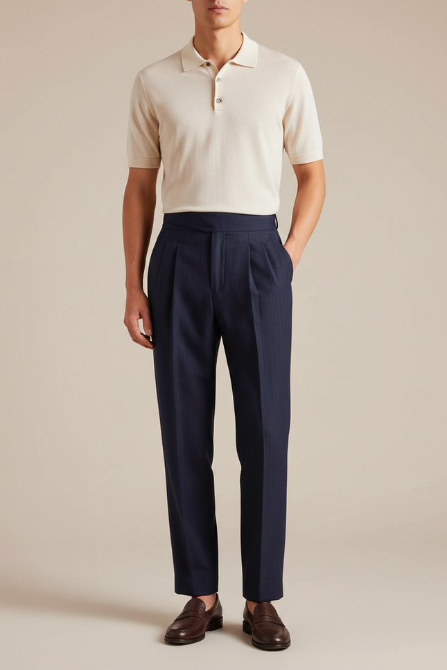 Pantalon À Pince Bleu Marine Rayé Plissé Élégant Homme - Laine