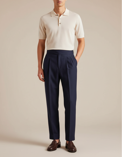 Pantalon À Pince Bleu Marine Rayé Plissé Élégant Homme - Laine