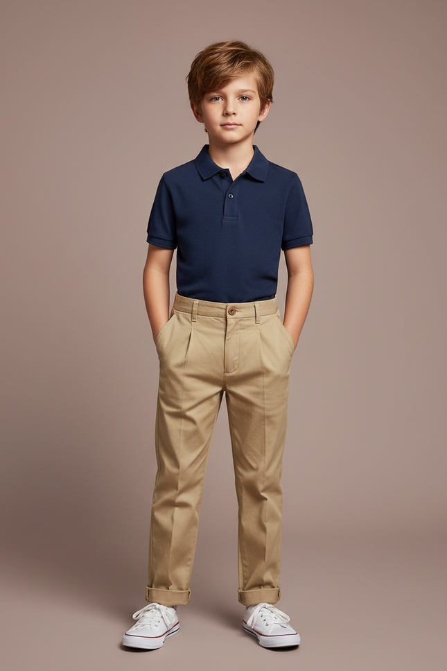 Pantalon À Pince Kaki Plissé Coton Droit Enfant Élégant - Gabardine