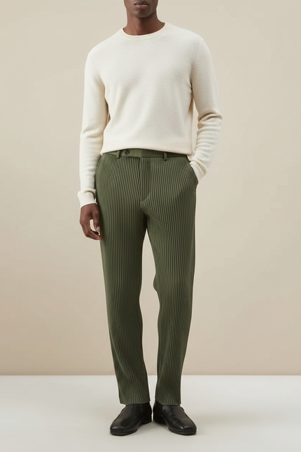Pantalon À Pince Plissé Vert Kaki Droit Décontracté Homme - Polyester