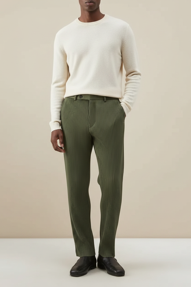 Pantalon À Pince Plissé Vert Kaki Droit Décontracté Homme - Polyester